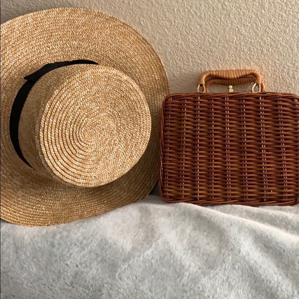 Wicker basket clutch plus straw hat